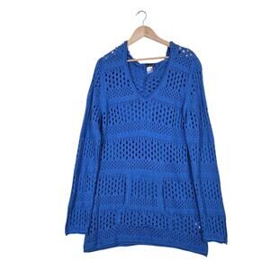 Venus Crochet Sweater Blue Hooded Open Knit Coastal Beach Resort Wear Boho